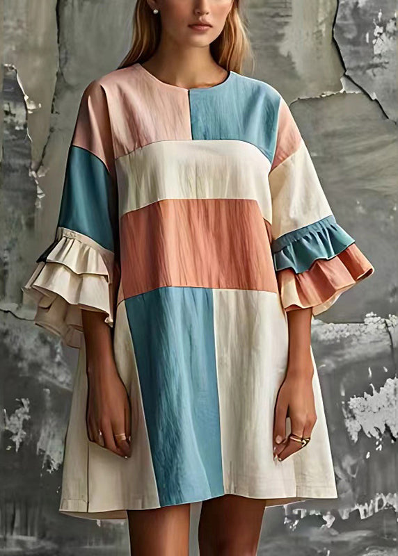 Fine Rainbow O-neck Patchwork Cotton Robe Dresses Flare Sleeve