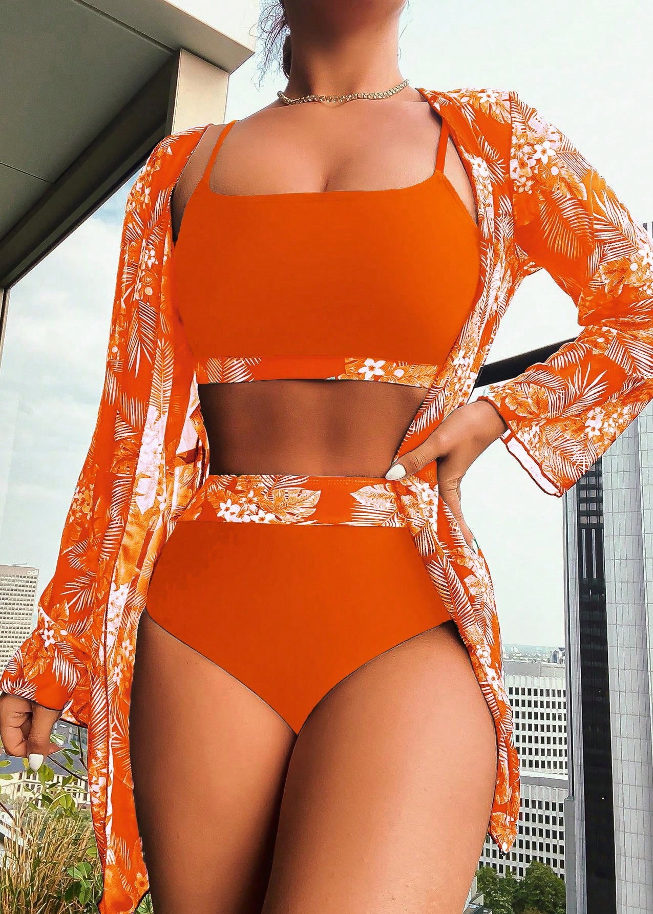 Brown V-neck Print Patchwork Swimwear Three Pieces Set