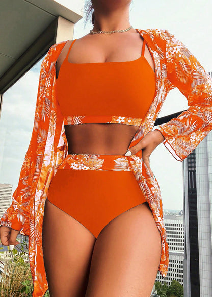Brown V-neck Print Patchwork Swimwear Three Pieces Set