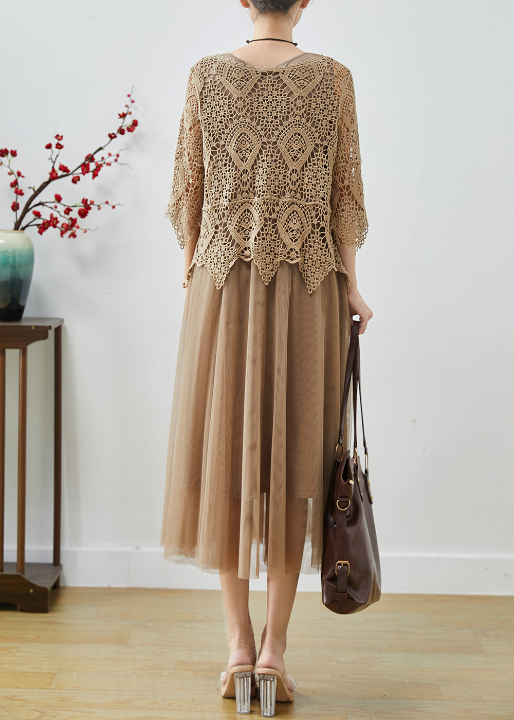 Khaki Lace Patchwork Tulle Fake Two Piece Dresses Summer