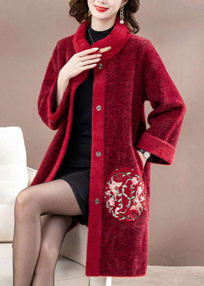 Mulberry Embroidered Long Mink Velvet Woolen Coats Spring