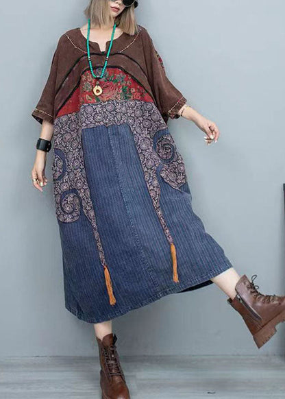 Colorblock Print Patchwork Denim Maxi Dresses Long Sleeve