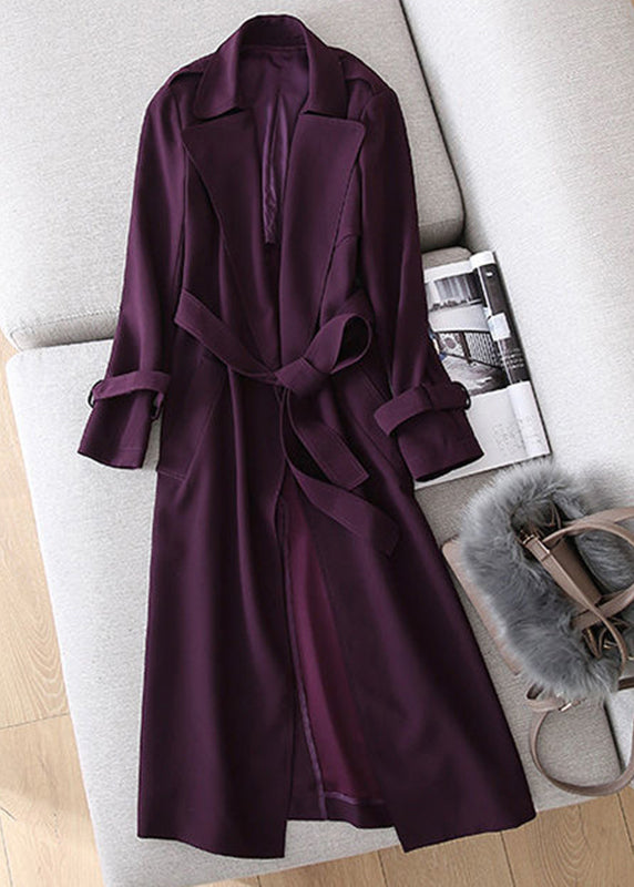 Dark Purple Notched Pockets Trench Coats Long Sleeve