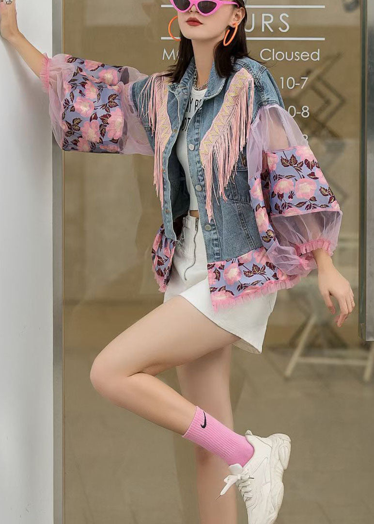 Blue Lantern Sleeve Patchwork Button Fall Denim Jackets