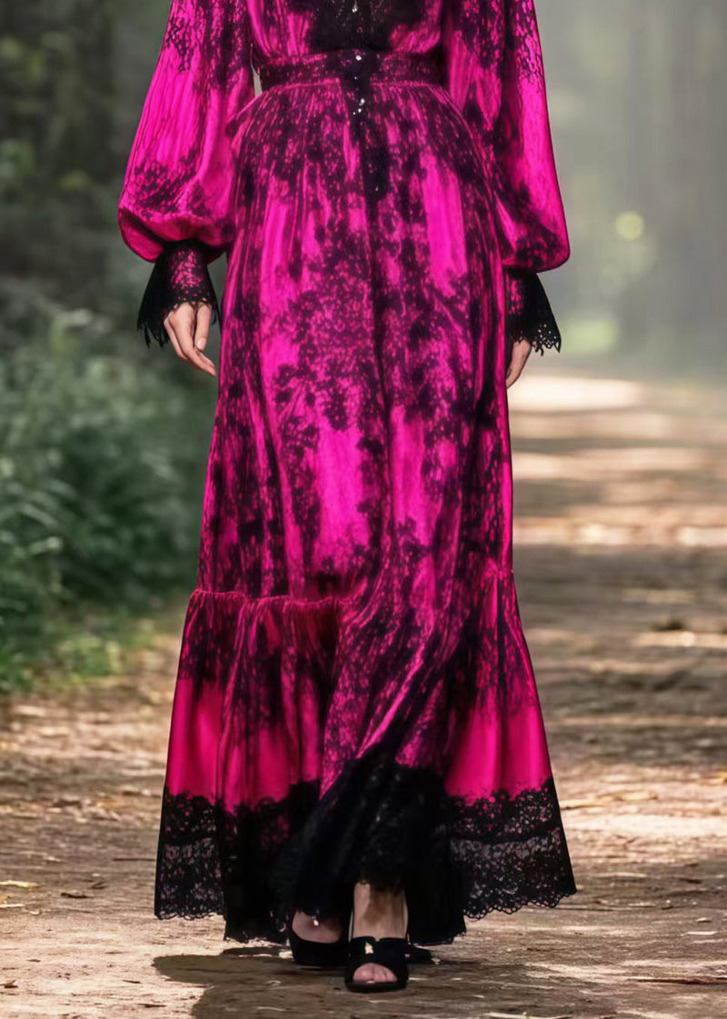 Rose V Neck Patchwork Lace Maxi Dress Lantern Sleeve