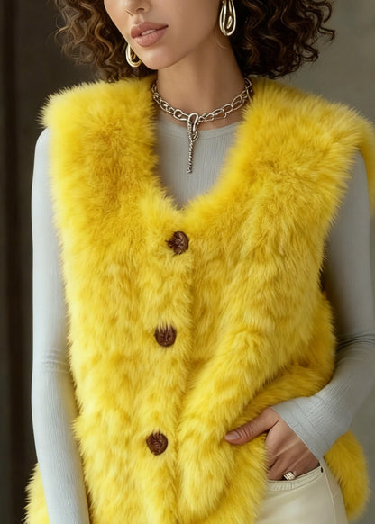 Yellow Button Faux Fur Vest Tops Sleeveless