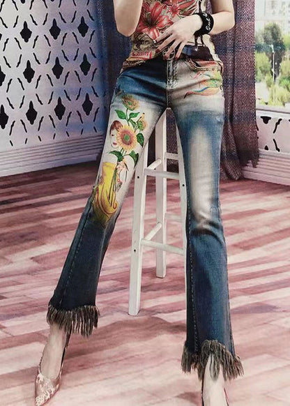 Blue Tasseled Pockets Print Denim Flare Bottoms Spring
