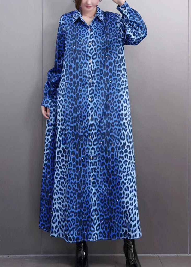 Blue Leopard Peter Pan Collar Maxi Shirts Dress Spring