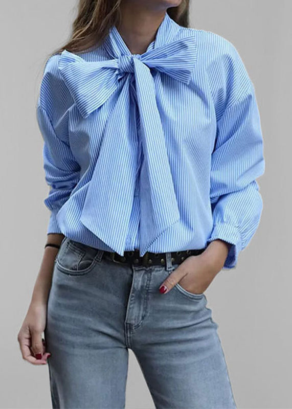 Blue Bow Lace Up Striped Cotton Blouses Summer