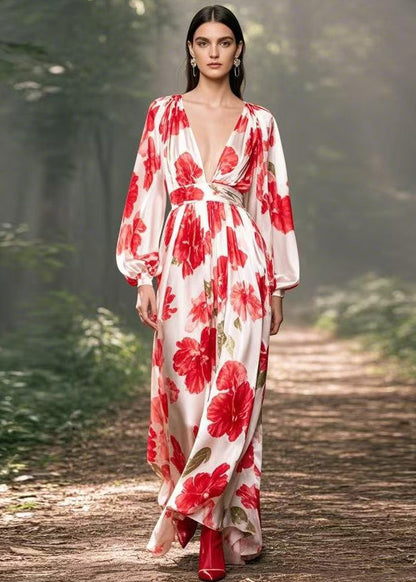 Italian V Neck Print Wrinkled Silk Dresses Spring