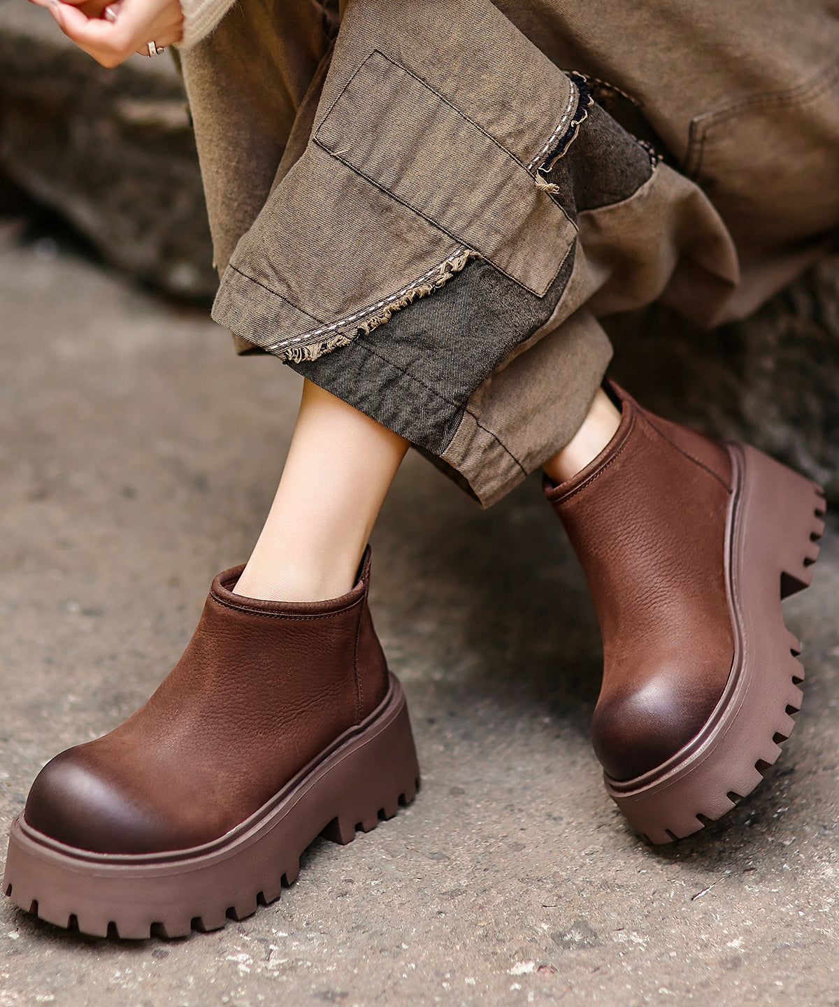 Khaki Zippered Splicing Platform Cowhide Leather Ankle Boots