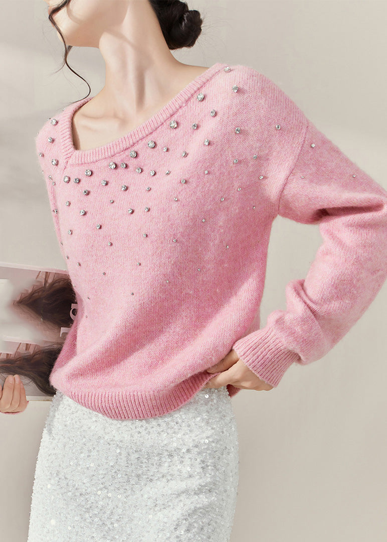 Pink O-neck Nail Bead Cozy Cotton Knit Sweater Spring