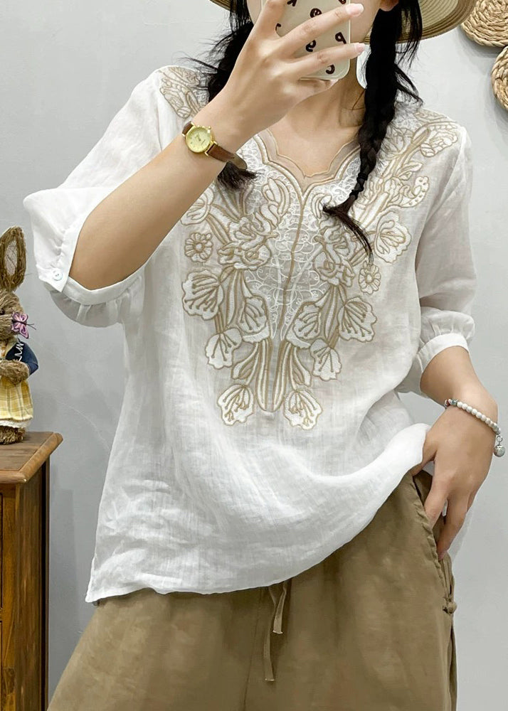 Retro White Embroideried Tulle Patchwork Ramie T Shirt Summer