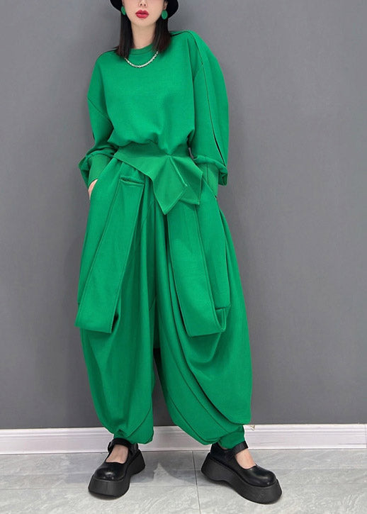 Original Design Green O-neck Asymmetrical Loose Sweatshirts Top and Harem Pants Two Piece Set Long Sleeve