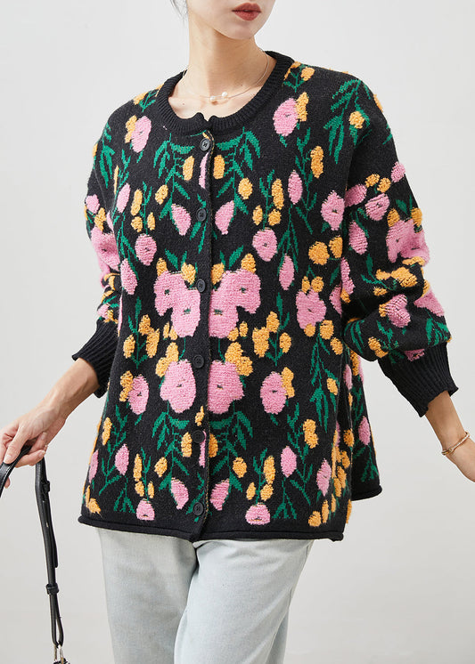 Black Jacquard Knit Cardigan O-neck Winter