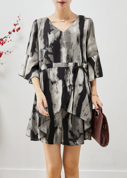 Black Cinched Tie Dye Spandex Two Piece Suit Set Summer