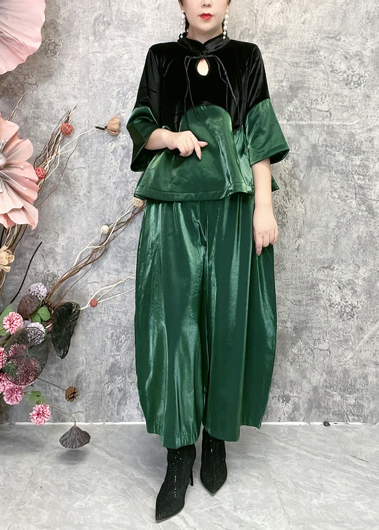 Green Stand Collar Tasseled Patchwork Velour Two Piece Set Spring