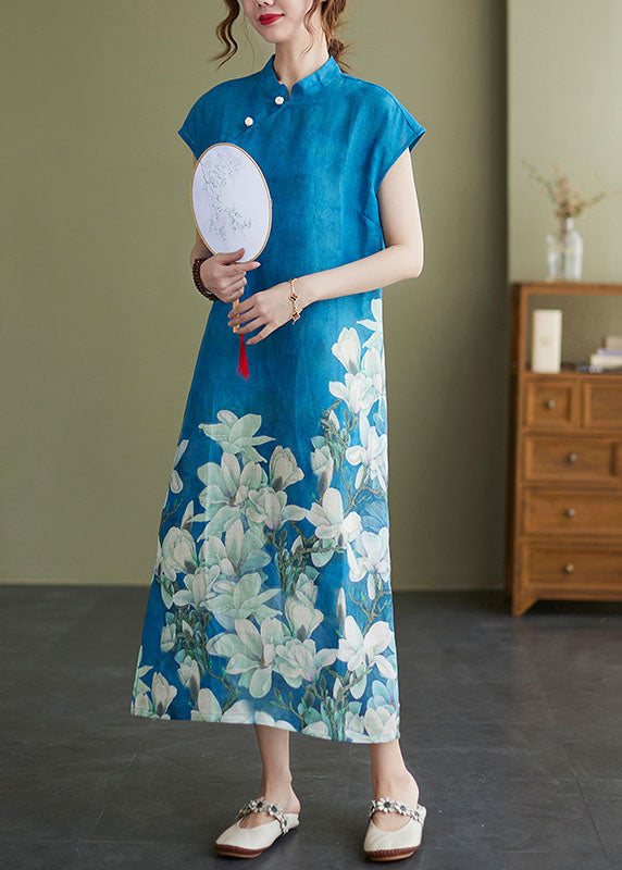 Blue Mandarin Collar Print Side Open Cheongsam Dresses Short Sleeve