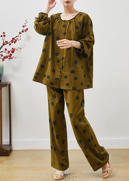 Dull Green Print Cotton Two Pieces Set Oversized Fall