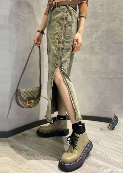 Photo Color Side Open Patchwork Tasseled Denim Skirt Summer