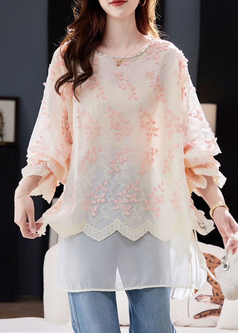 Fitted Pink O Neck Embroidered Patchwork Chiffon Tops Spring