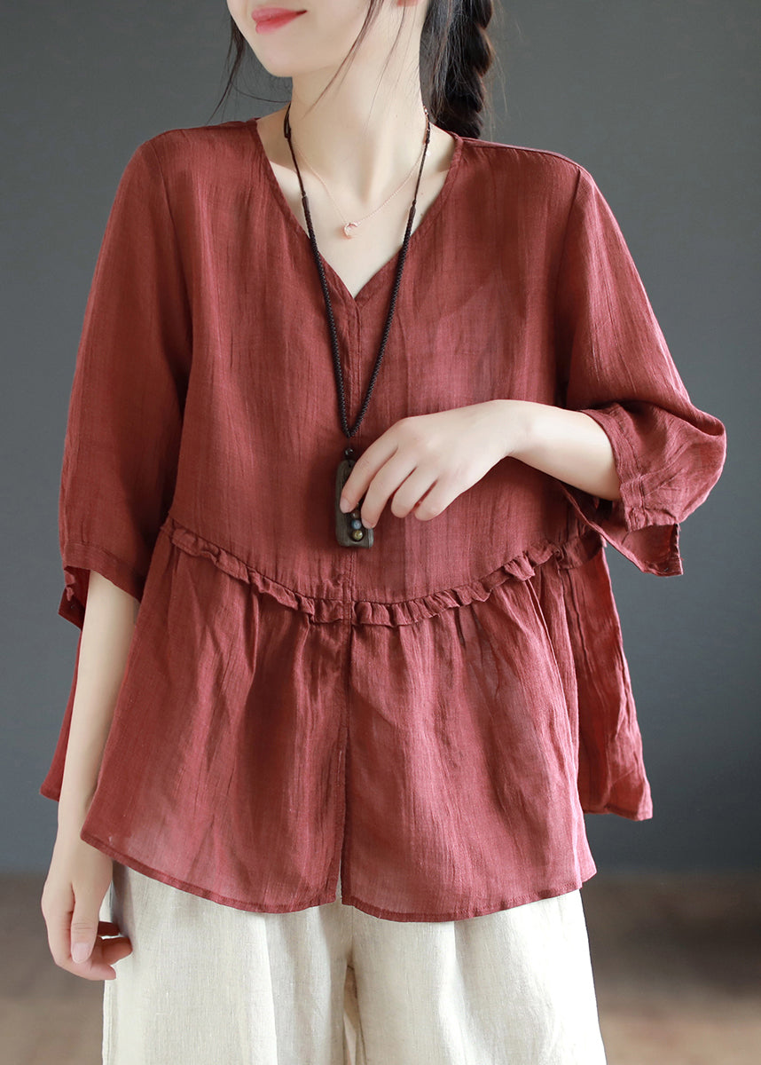 Wine Red Ruffled Side Open Patchwork Linen Shirts Summer