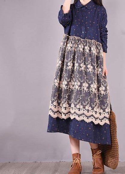 Unique Blue Print Dresses Patchwork Lace Kaftan Spring Dress