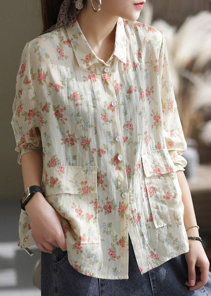 Apricot Peter Pan Collar Print Patchwork Button Linen Shirt Long Sleeve