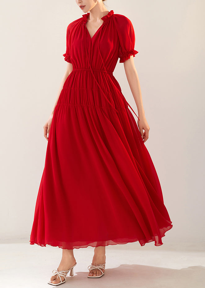 Red Ruffled Elastic Waist Chiffon Long Dresses Summer