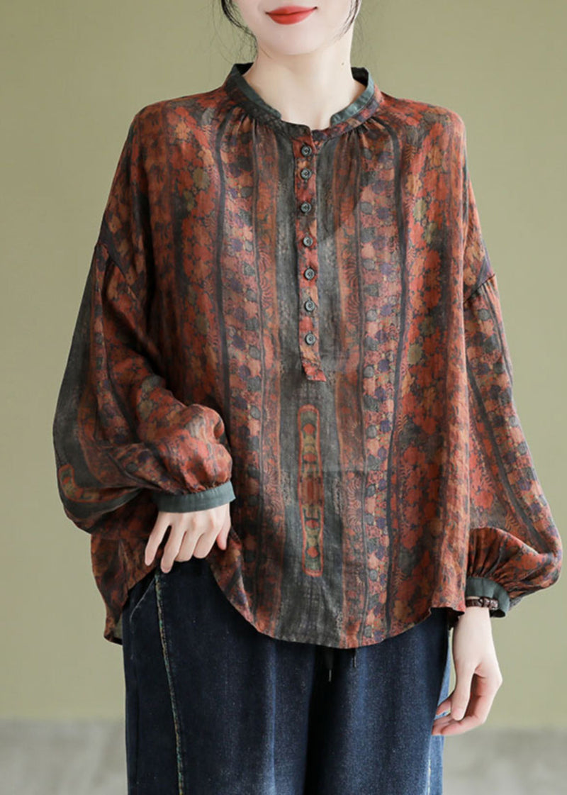Orange Stand Collar Print Button Linen Shirts Long Sleeve