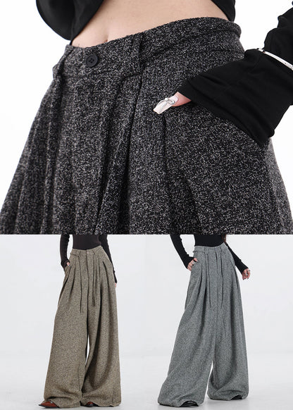 Khaki Pockets High Waist Woolen Pants Fall