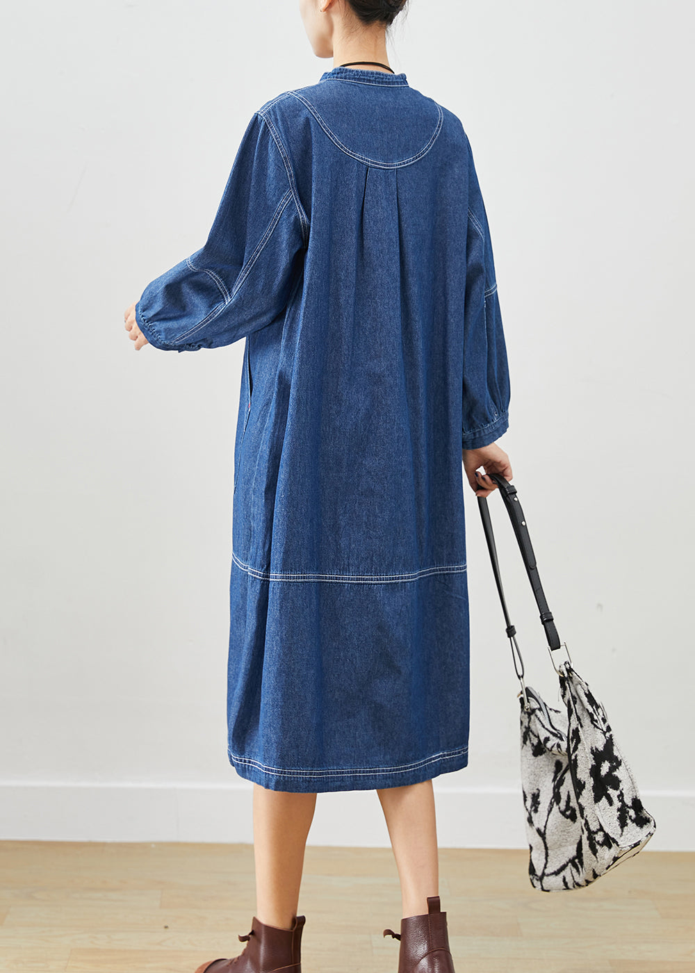 Dark Blue Oversized Patchwork Cotton Vacation Dresses Fall