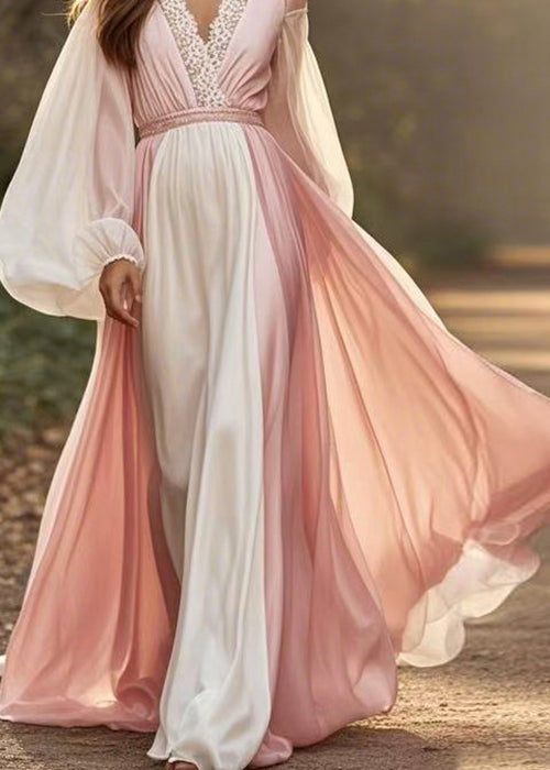 Colorblock V Neck Patchwork Chiffon Dress Lantern Sleeve
