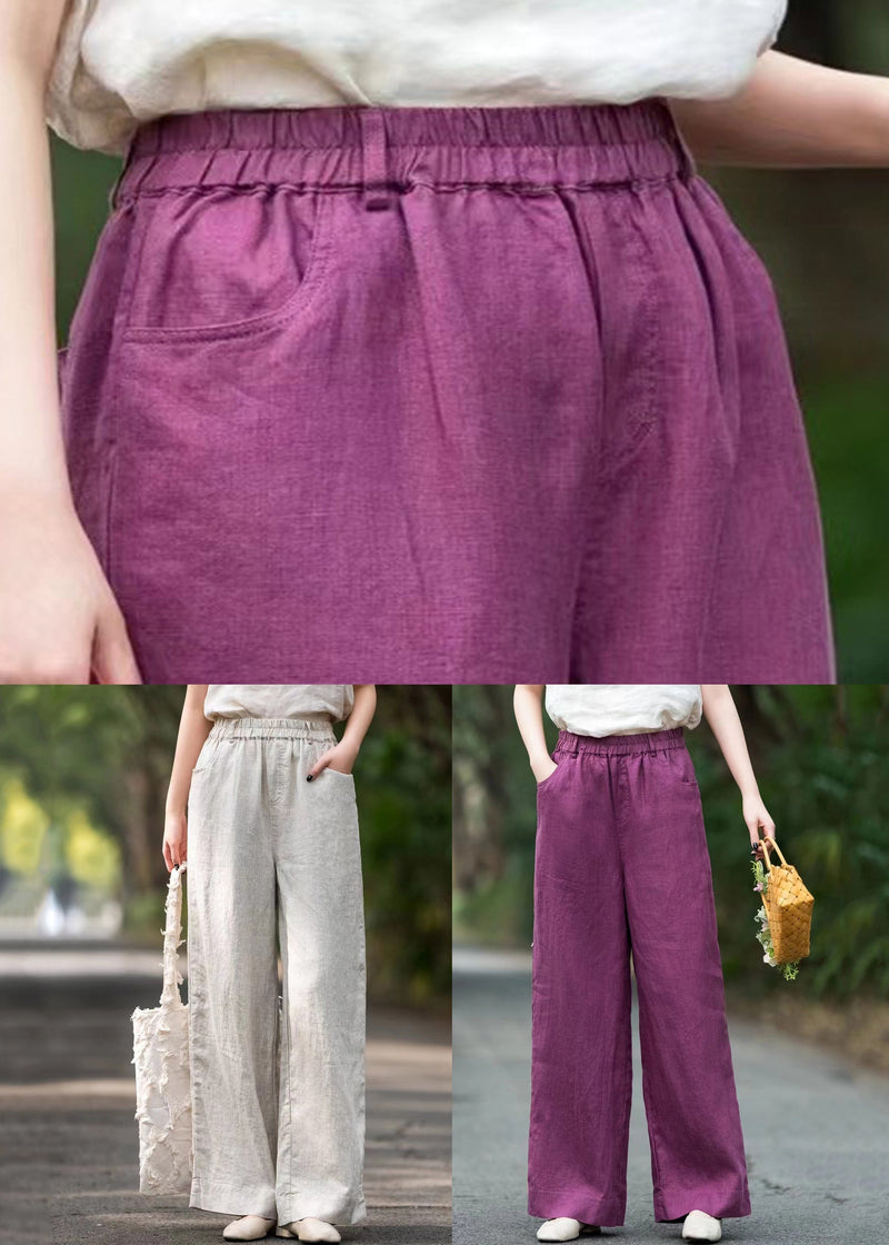Loose Purple Pockets Elastic Waist Linen Pants Summer