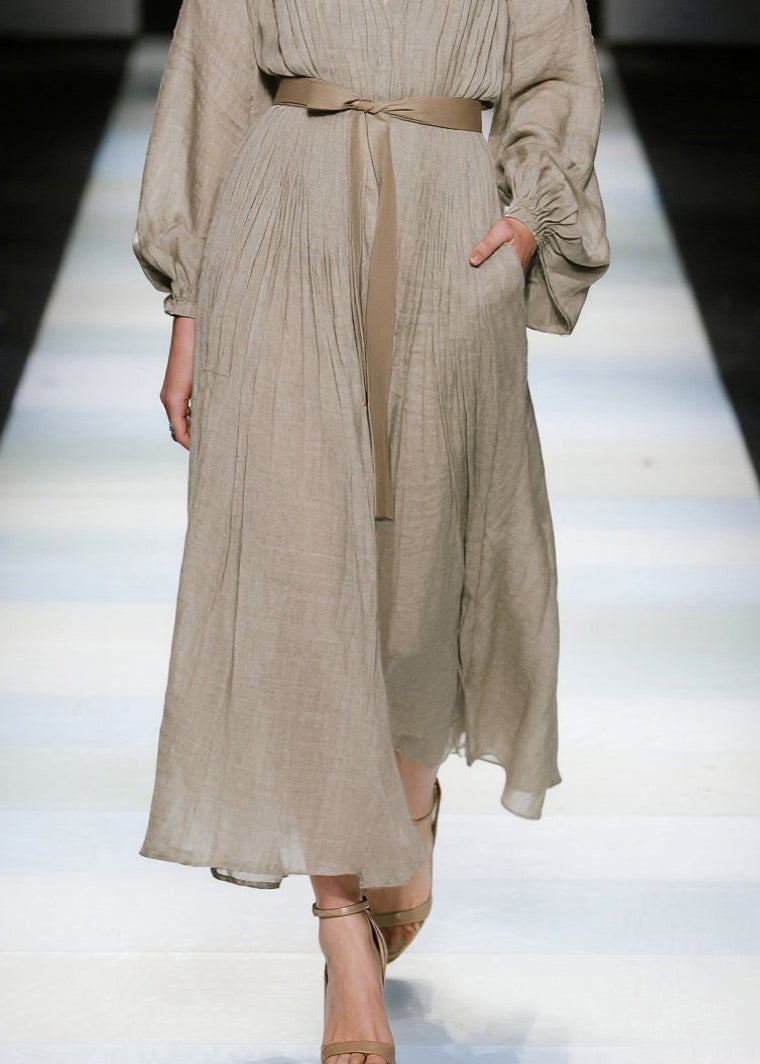 Khaki V Neck Tie Waist Cotton Long Dresses Spring