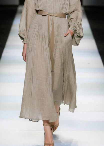 Khaki V Neck Tie Waist Cotton Long Dresses Spring