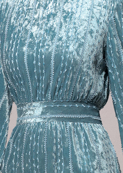 Light Blue Stand Collar Ruffled Patchwork Velour Dress Fall