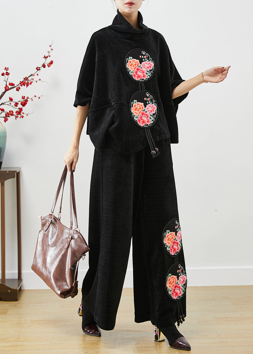 Black Turtle Neck Embroideried Tasseled Corduroy Two Pieces Set Fall