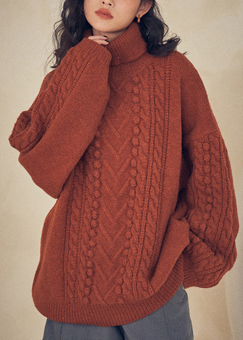 Caramel Turtleneck Patchwork Cable Knit Sweaters Top Fall