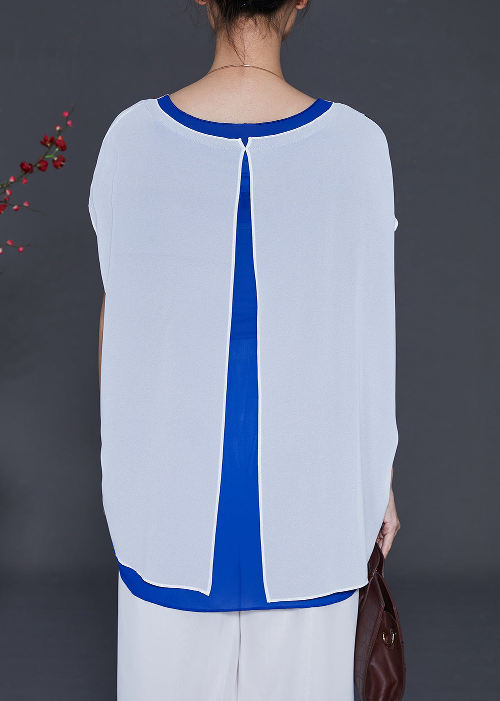 White Print Chiffon Fake Two Piece Tops Summer