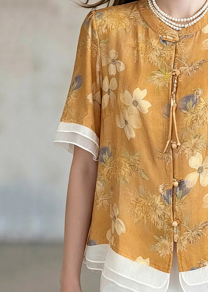 Yellow Print Shirts Short Sleeve Summer