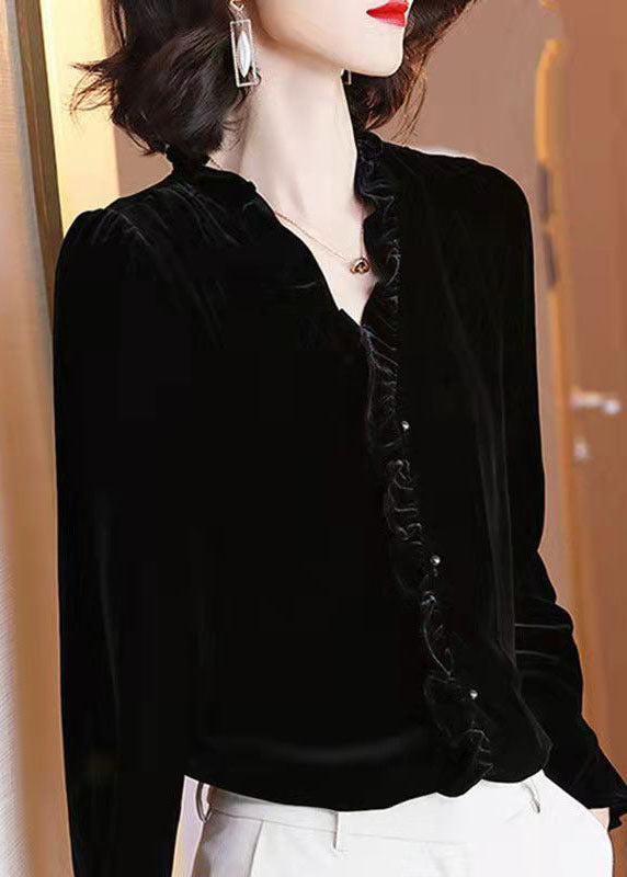 Simple Black V Neck Ruffled Velour Top Long Sleeve