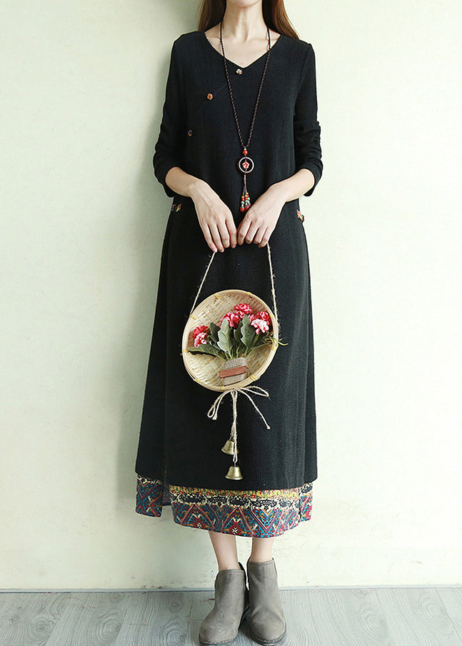Black Print Fake Two Long Dress Side Open Long Sleeve