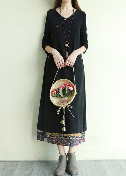 Black Print Fake Two Long Dress Side Open Long Sleeve