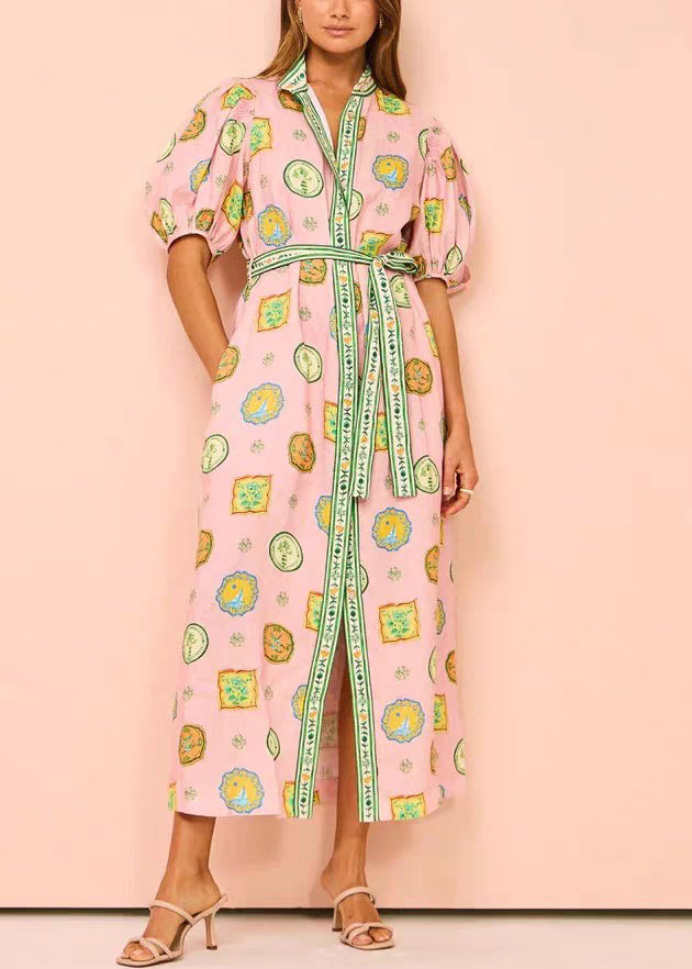 Pink Print Tie Waist Cotton Blouses Dresses Half Sleeve
