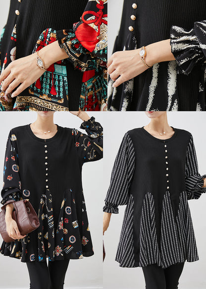 Black Print Patchwork Cotton Mini Dress Fall
