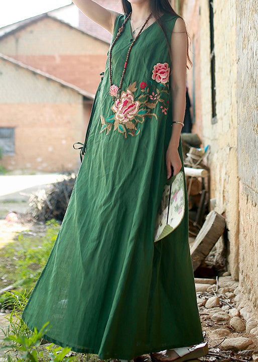 Retro Green V Neck Tie Waist Embroideried Long Dress Sleeveless