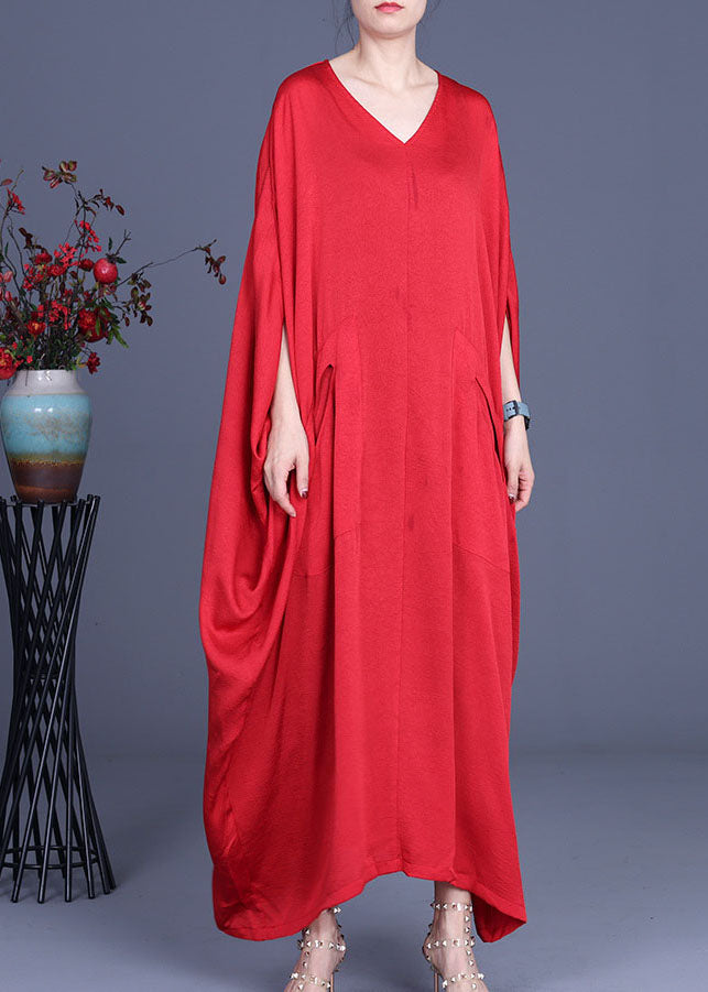Red Bat Wing Sleeve Silk Maxi Dress V Neck Spring