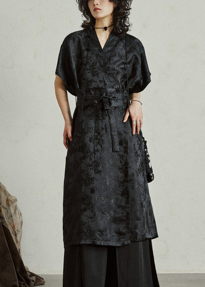 Jacquard Black Tie Waist Silk Maxi Dress Summer