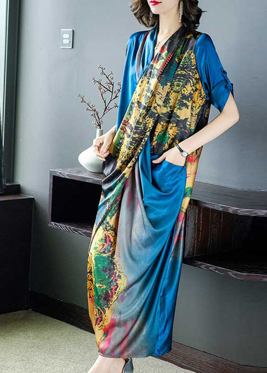 Blue V Neck Asymmetrical Design Print Satin Dresses Half Sleeve